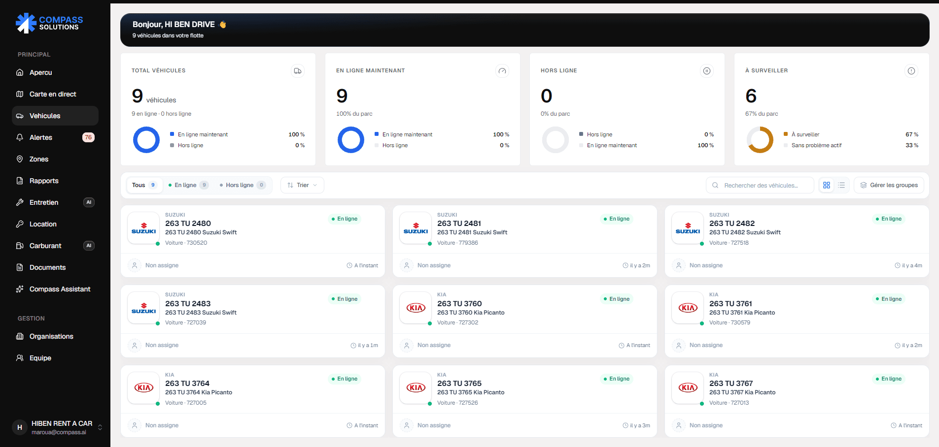 Compass Solutions vehicles — fleet status breakdown and per-vehicle cards with device and last-seen