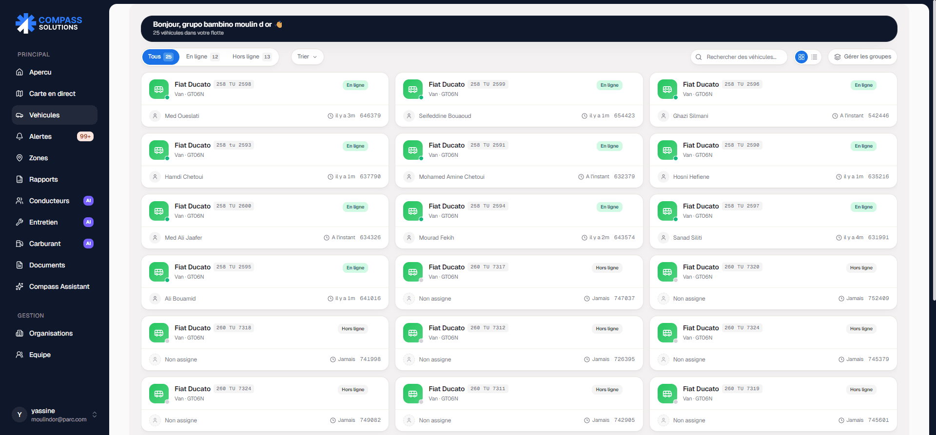 Compass Solutions vehicles list — fleet-wide vehicle inventory with status, alerts, and quick actions