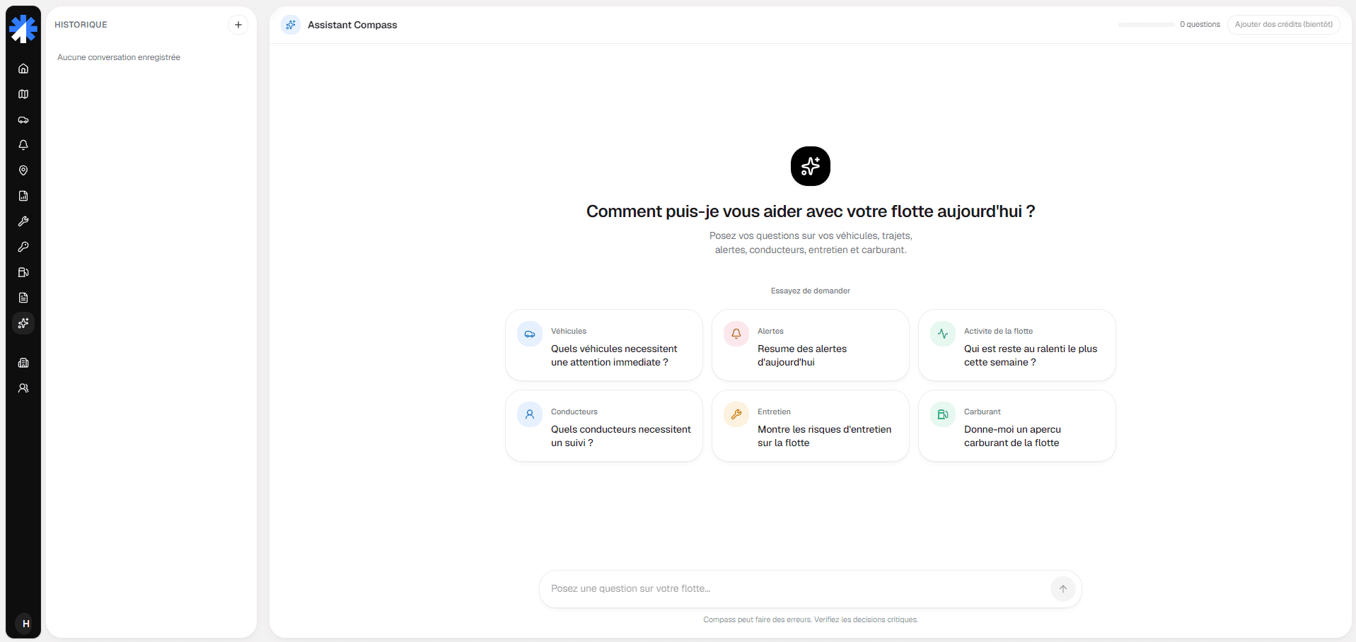 Compass Assistant — natural-language fleet queries with suggested prompts across six domains