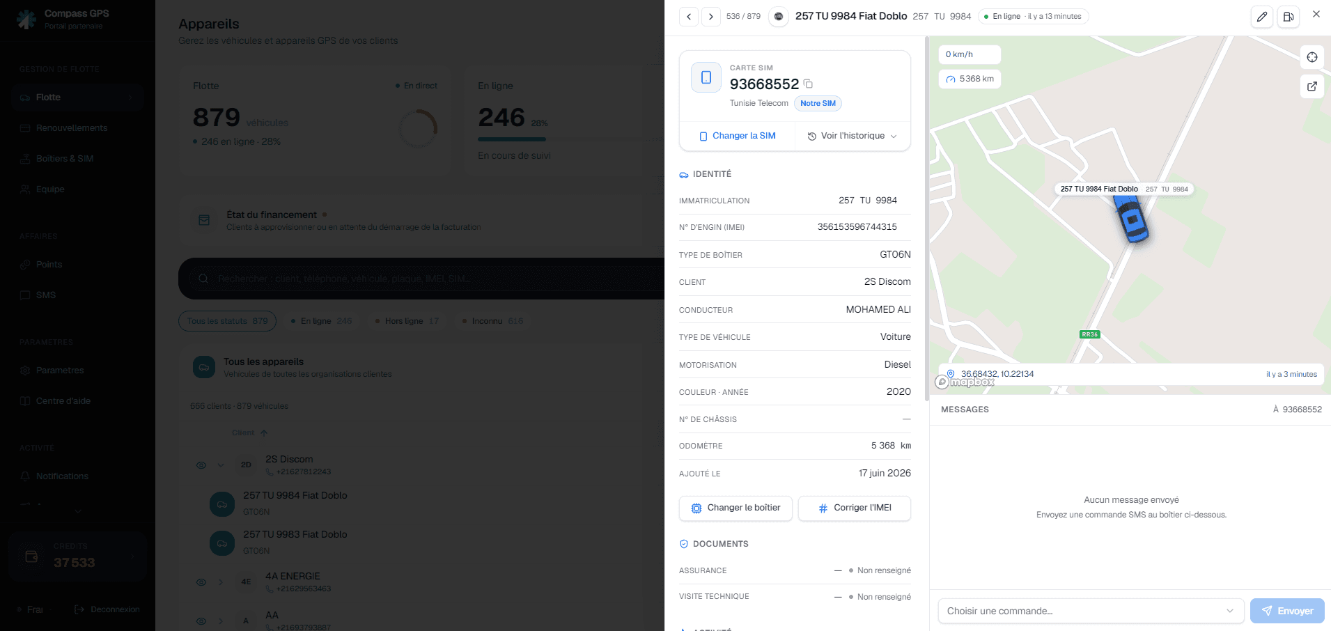 Compass GPS partner portal — device detail with SIM, IMEI, live position and SMS command channel