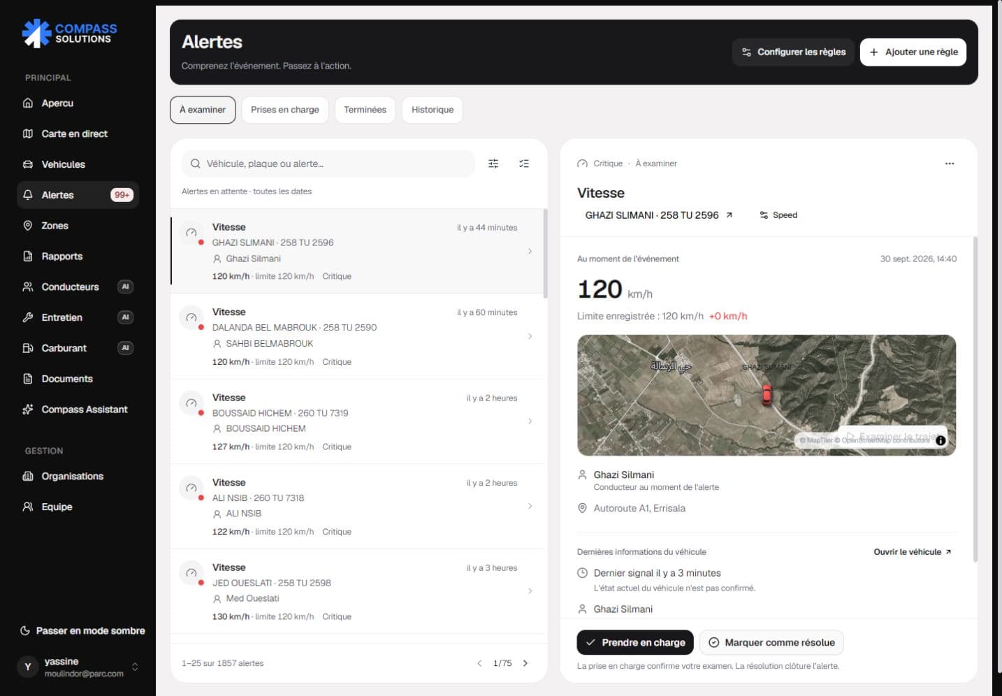 Compass alert triage with review queues, event evidence, map location, and separate ownership and resolution actions