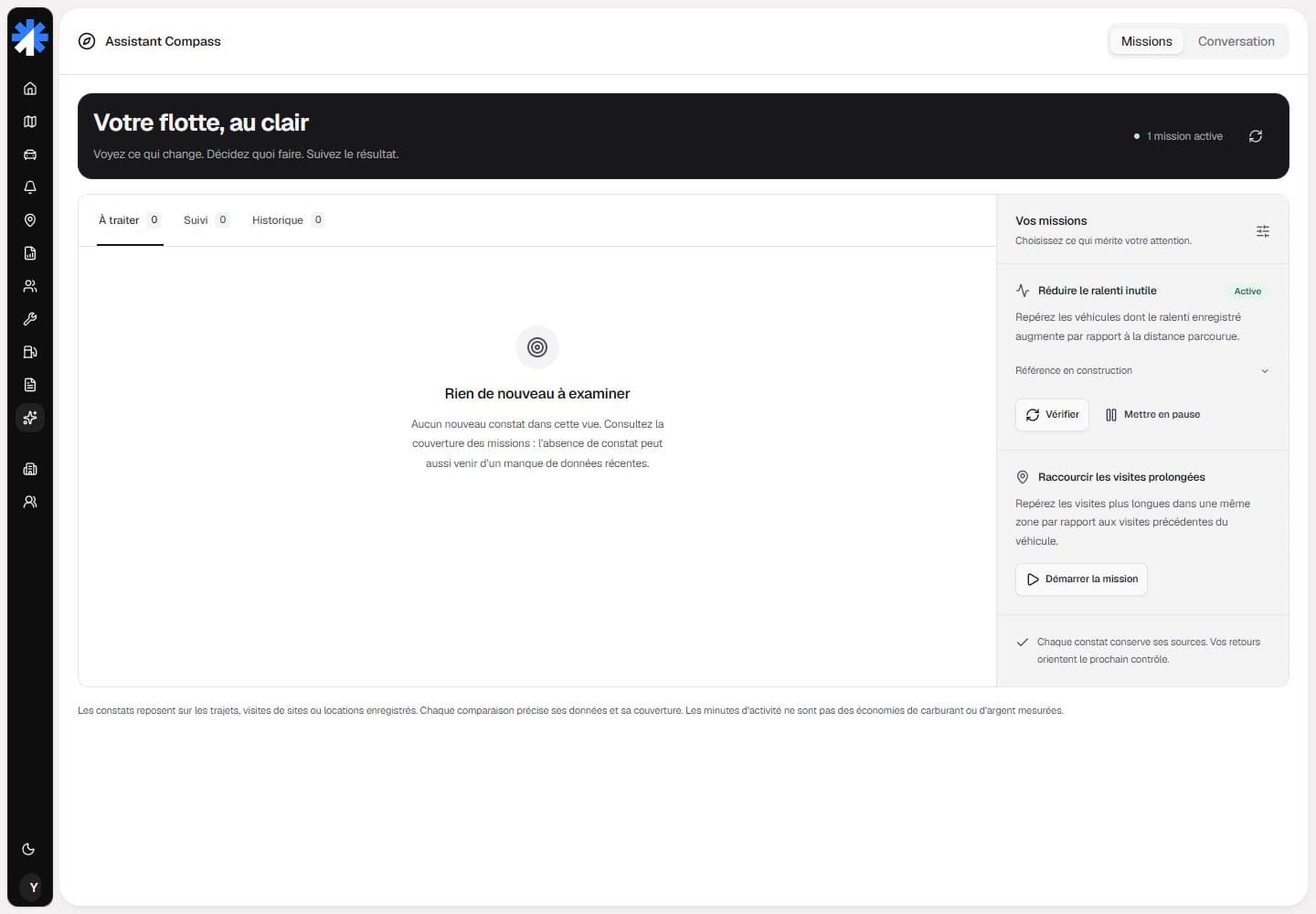 Compass assistant mission workspace with objective configuration, finding status, and data coverage context