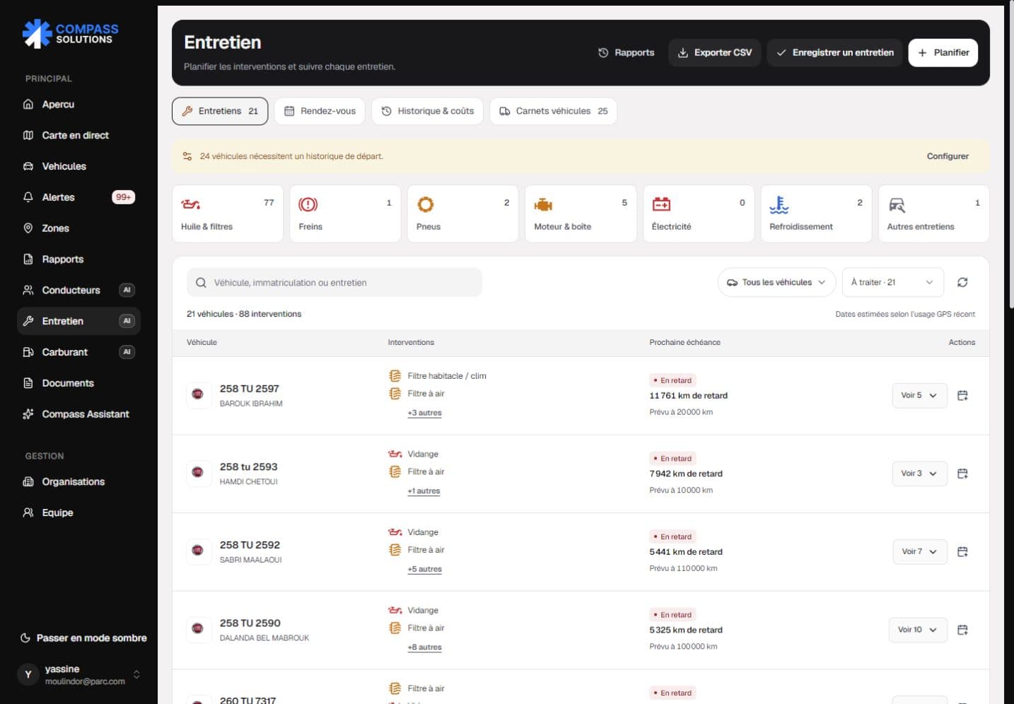 Compass maintenance workspace with intervention categories, mileage-based due states, and planning controls