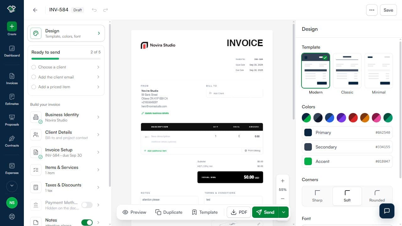 InvoiceBirds invoice editor showing the live document, readiness checklist, and template design panel