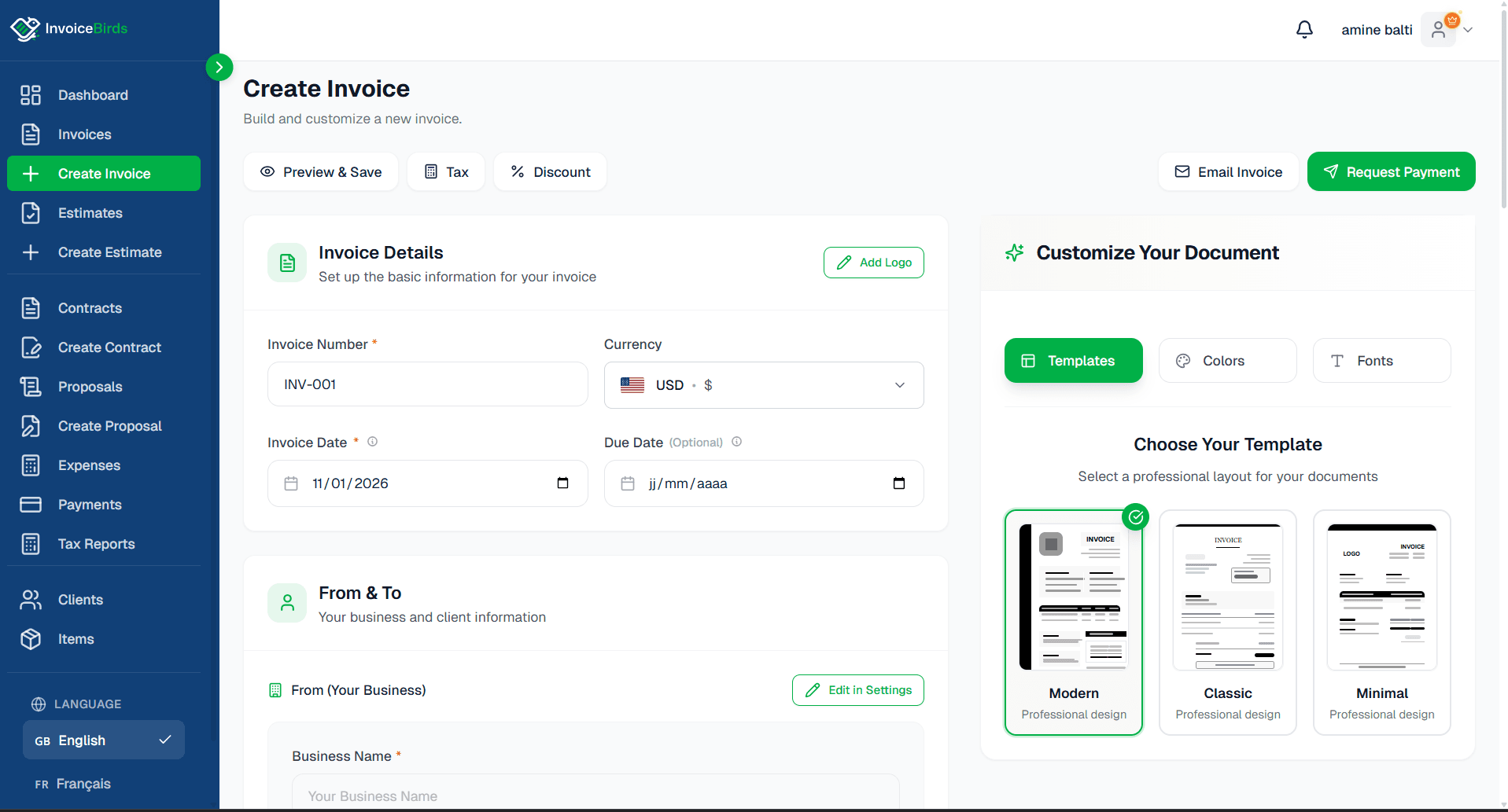 InvoiceBirds Invoice Creation