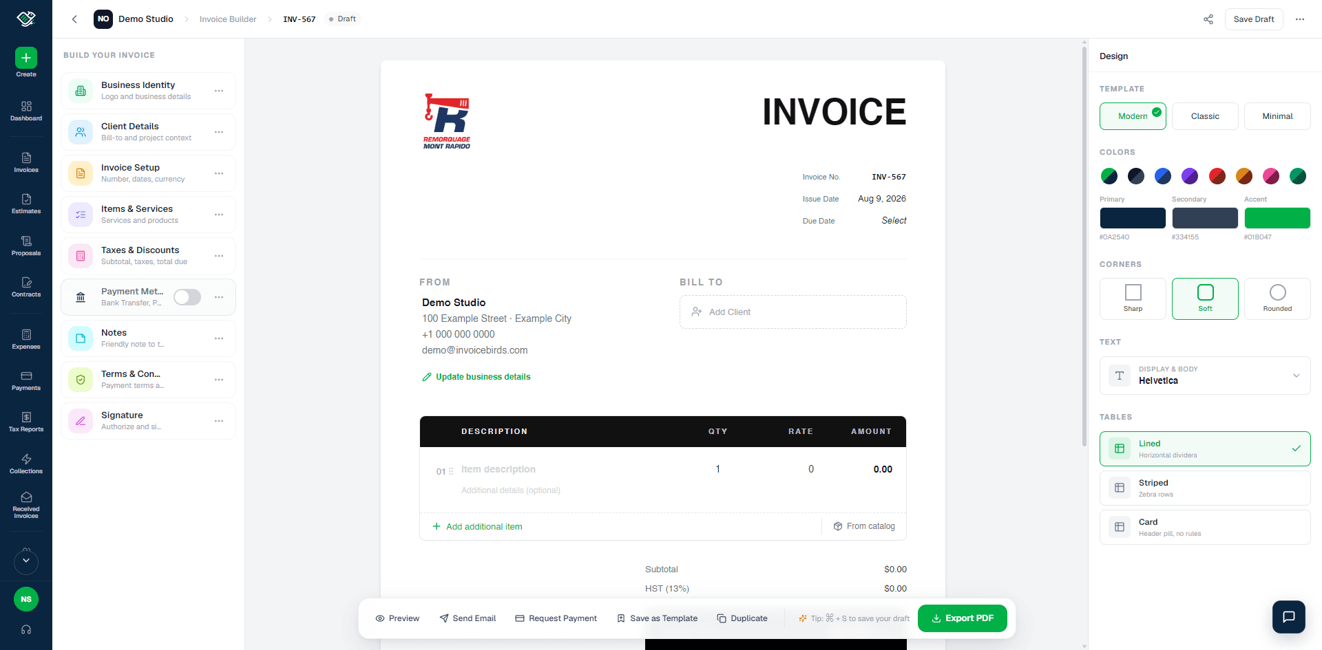InvoiceBirds visual invoice builder with document controls and a live preview