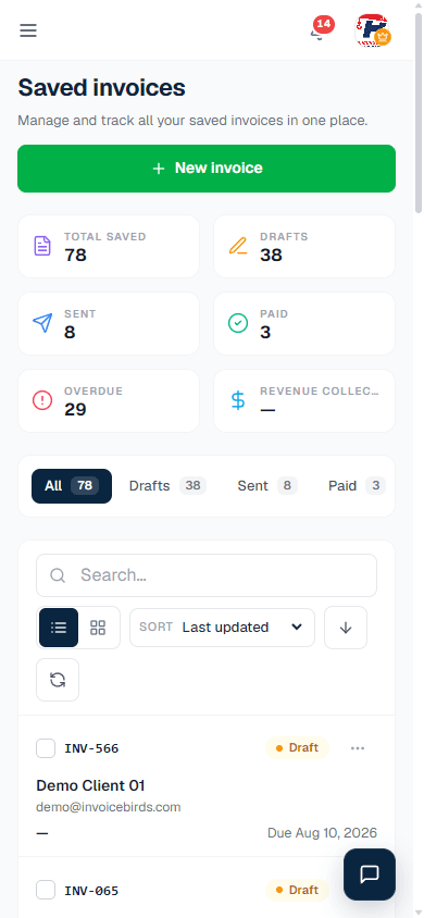 InvoiceBirds invoice list on mobile