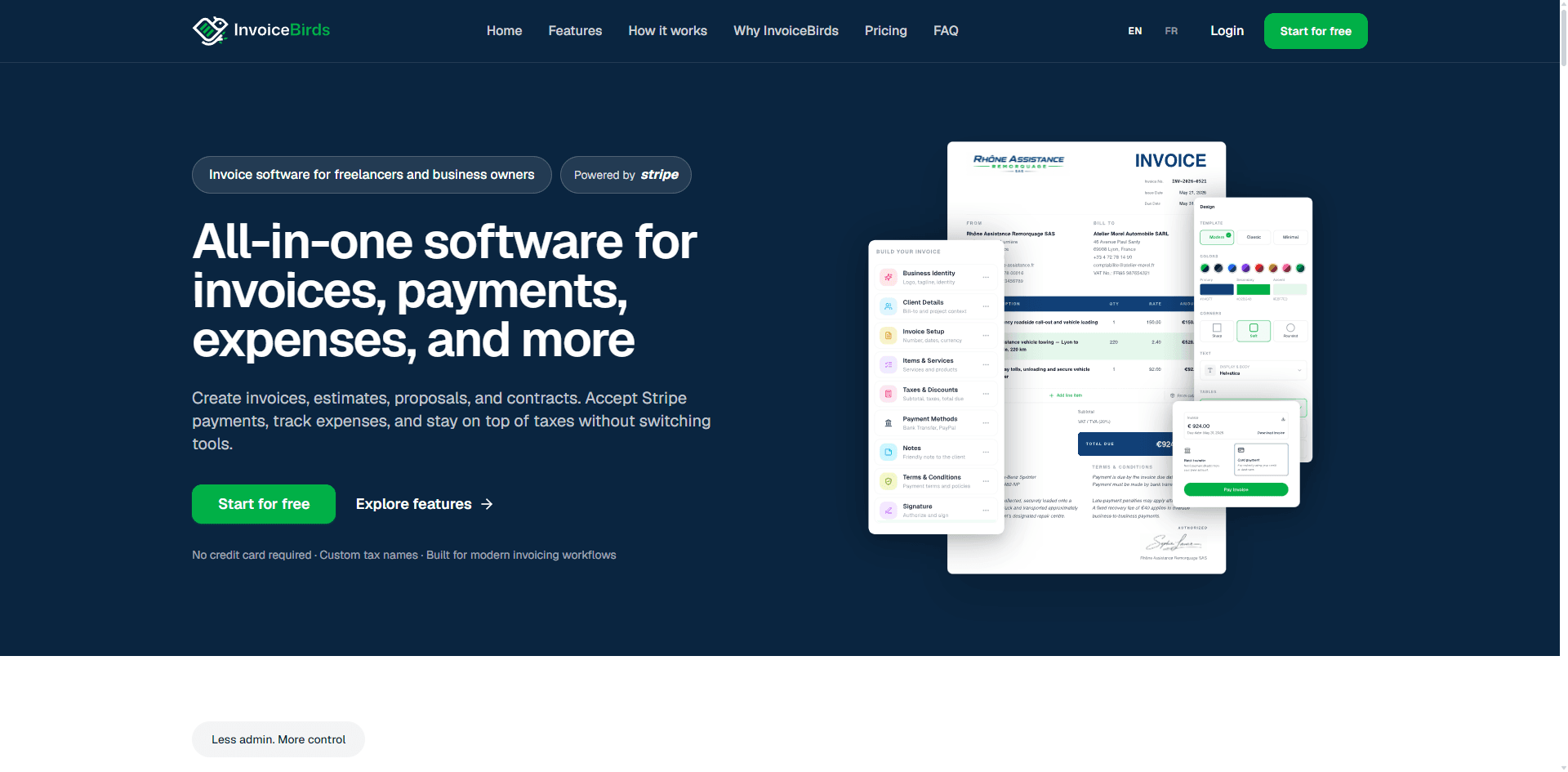 InvoiceBirds public landing page showing the invoicing product suite