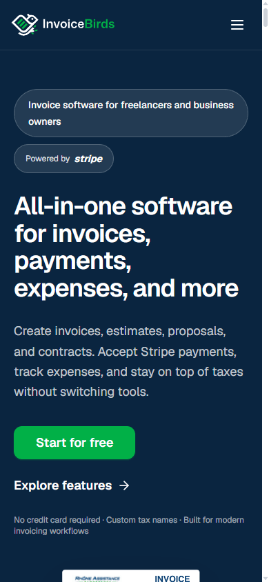 InvoiceBirds public product page on mobile