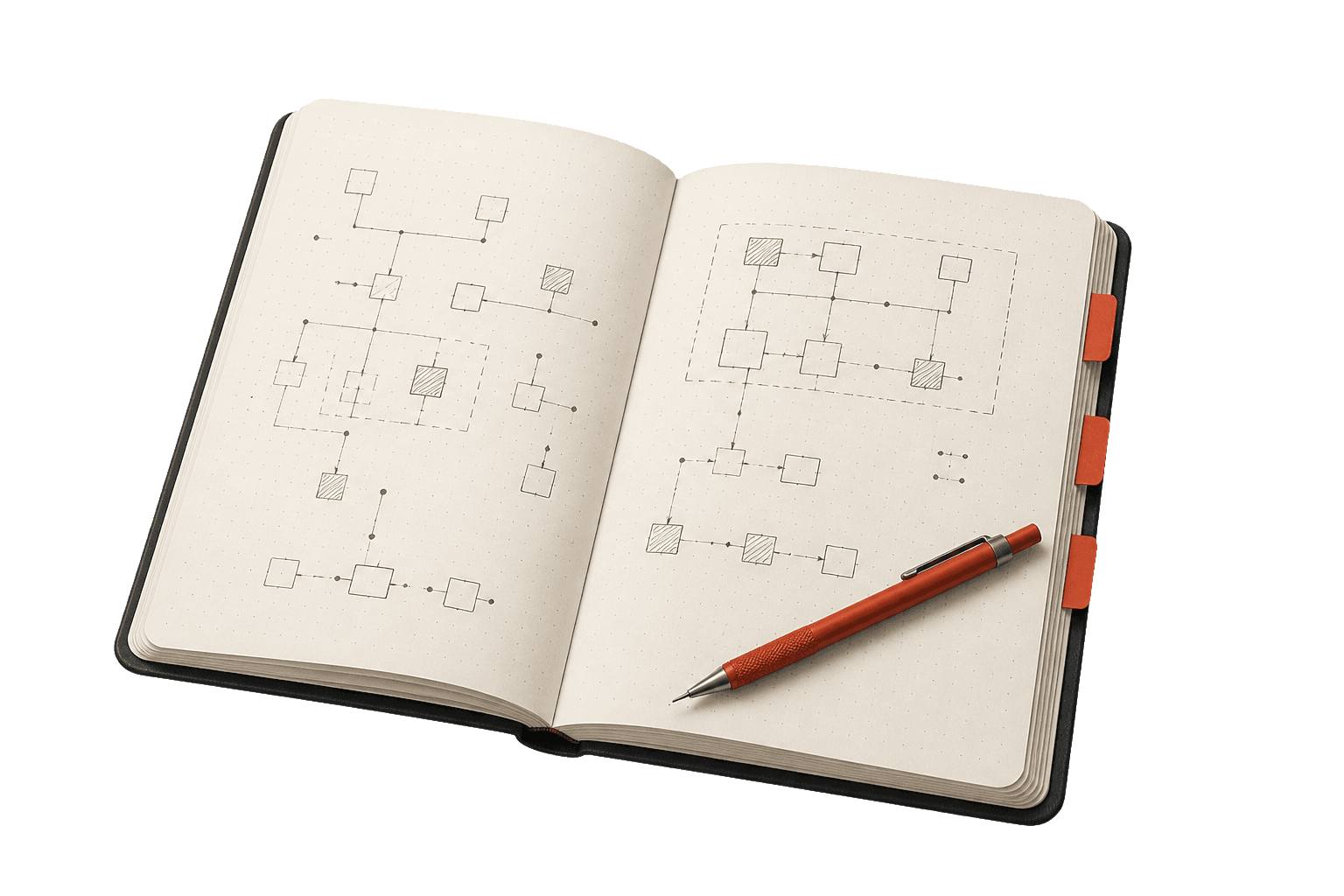 An open engineering notebook with system diagrams and an orange pencil