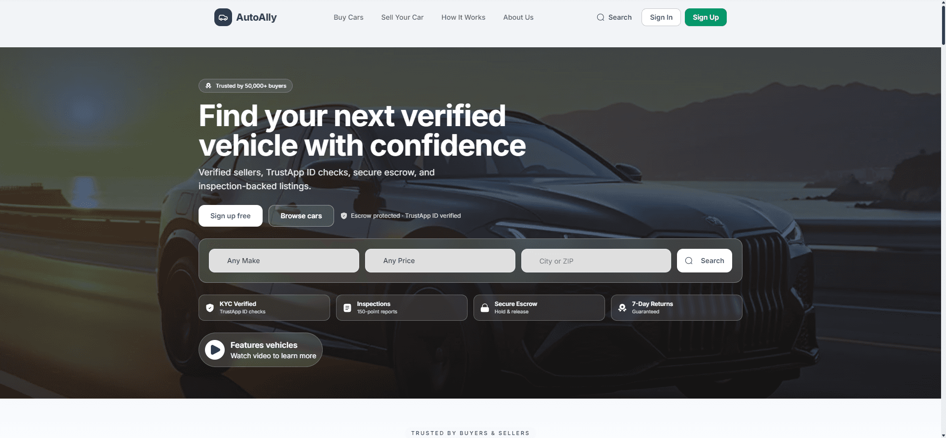 AutoAlly public landing page with vehicle search, identity checks, inspections, and escrow protection
