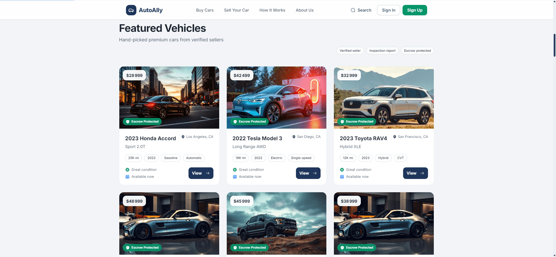 AutoAlly live marketplace with verified, inspection-backed, escrow-protected vehicle listings
