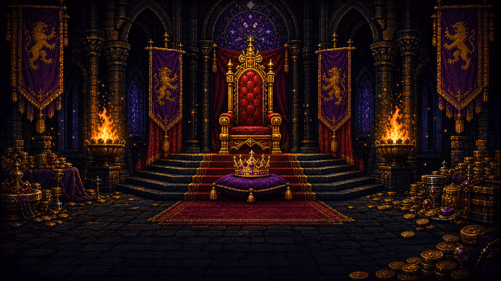 A pixel-art throne room lit by braziers, with a crown waiting below the throne