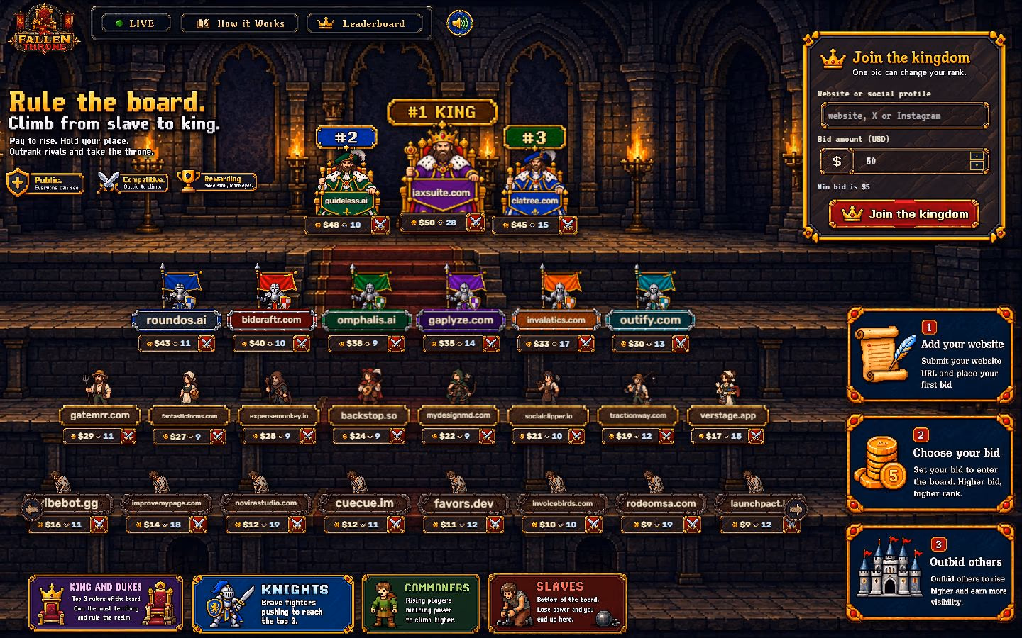Desktop Fallen Throne leaderboard with the king, dukes, knights, commoners, and lower rank